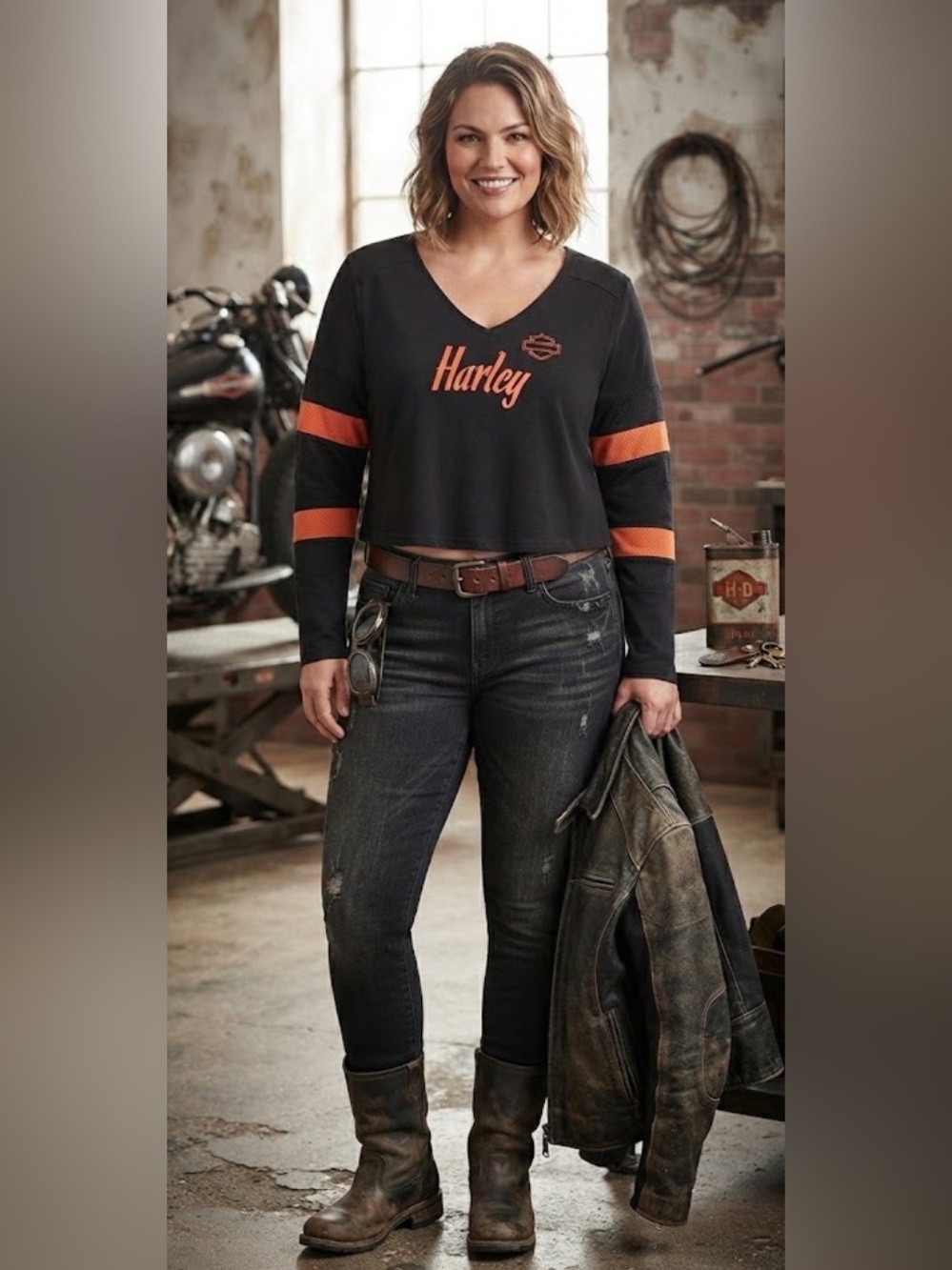 Harley Davidson | Women's Cropped Long Sleeve Jersey Top V-Neck | Size 3XL